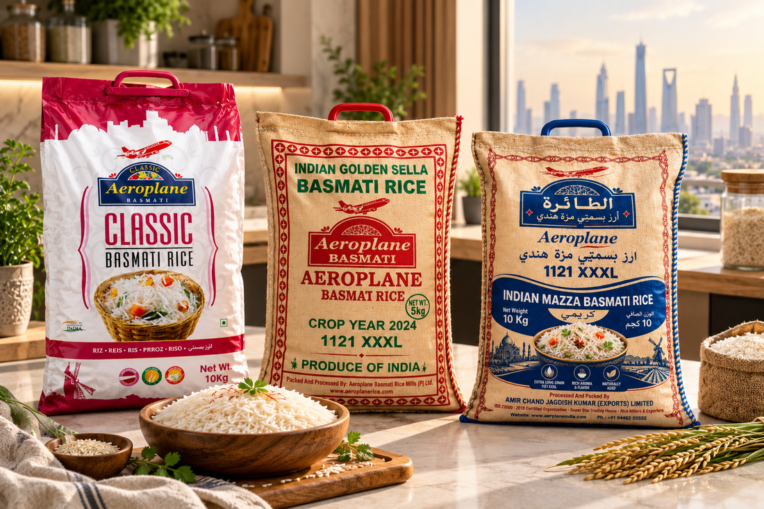 Premium Basmati rice bags displayed with cooked rice in a modern kitchen, highlighting rice storage in hot Saudi weather.