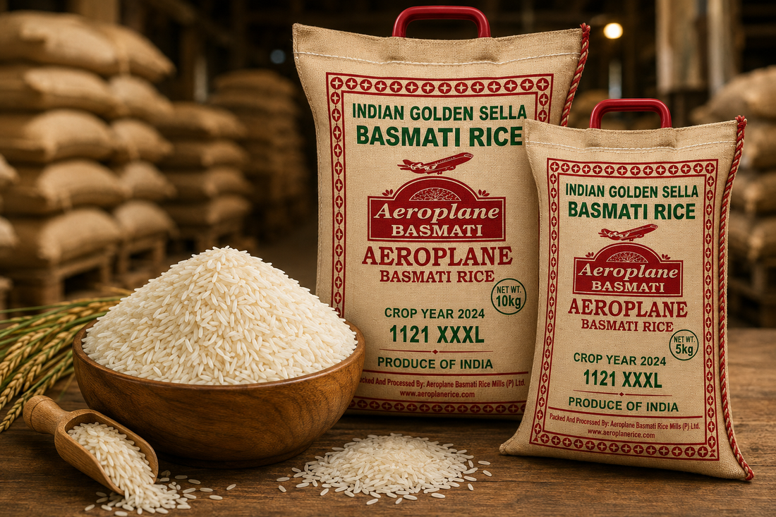 Wholesale basmati rice bags with premium 1121 Golden Sella basmati rice displayed in a wooden bowl inside a rice warehouse.