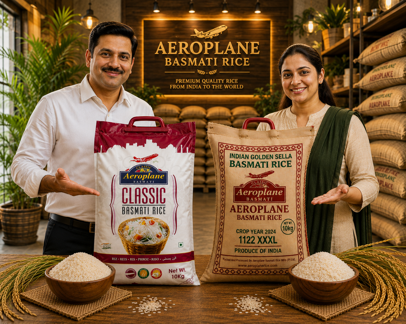 Smiling man and woman promoting Aeroplane Basmati Rice with 10kg Classic Basmati and 1122 Golden Sella rice bags in a premium rice warehouse.