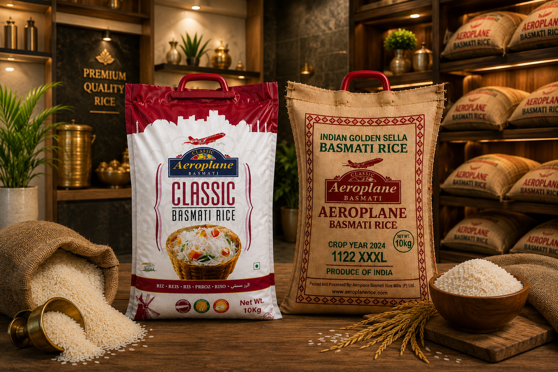 Premium Aeroplane Basmati Rice display featuring 10kg Classic Basmati Rice and 1122 Golden Sella Basmati Rice bags in a luxury warehouse setting.
