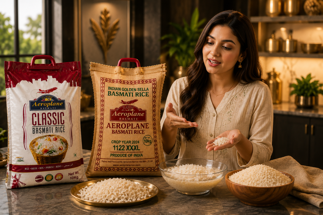Female presenter showcasing Aeroplane Classic Basmati Rice and 1122 Golden Sella rice while explaining broken basmati rice in a modern kitchen.