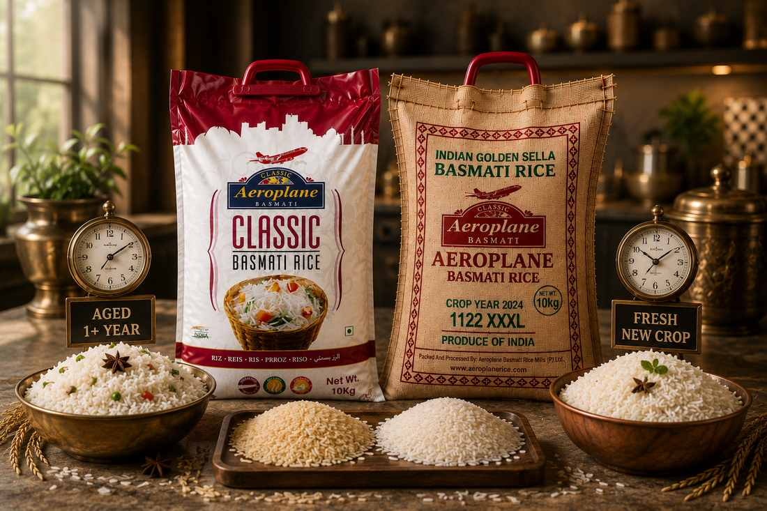 Aeroplane Classic Basmati Rice and 1122 Golden Sella rice bags comparing aged and fresh basmati rice with cooked rice in a premium kitchen setting.