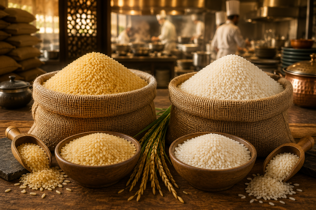 Comparison of Golden Sella vs Creamy Sella basmati rice showing premium long-grain rice in jute sacks for restaurant and bulk food service use.