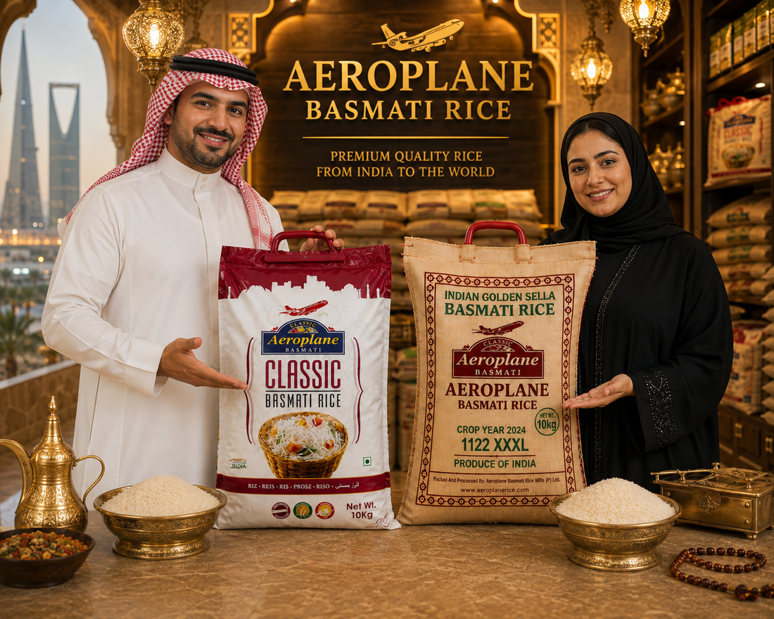 Saudi customers comparing Aeroplane Classic Basmati Rice and Indian Golden Sella Basmati Rice in a premium rice store in Saudi Arabia.
