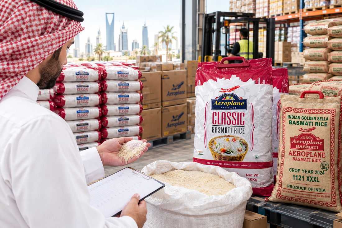 Aeroplane Classic Basmati Rice and Indian Golden Sella Basmati Rice bags displayed in a warehouse with a quality inspector.