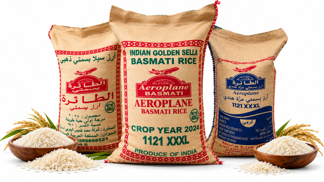 Three Aeroplane Basmati Rice sacks displayed on a clean white background with bowls of long-grain basmati rice, showcasing Indian Golden Sella Basmati Rice varieties for the Saudi market.