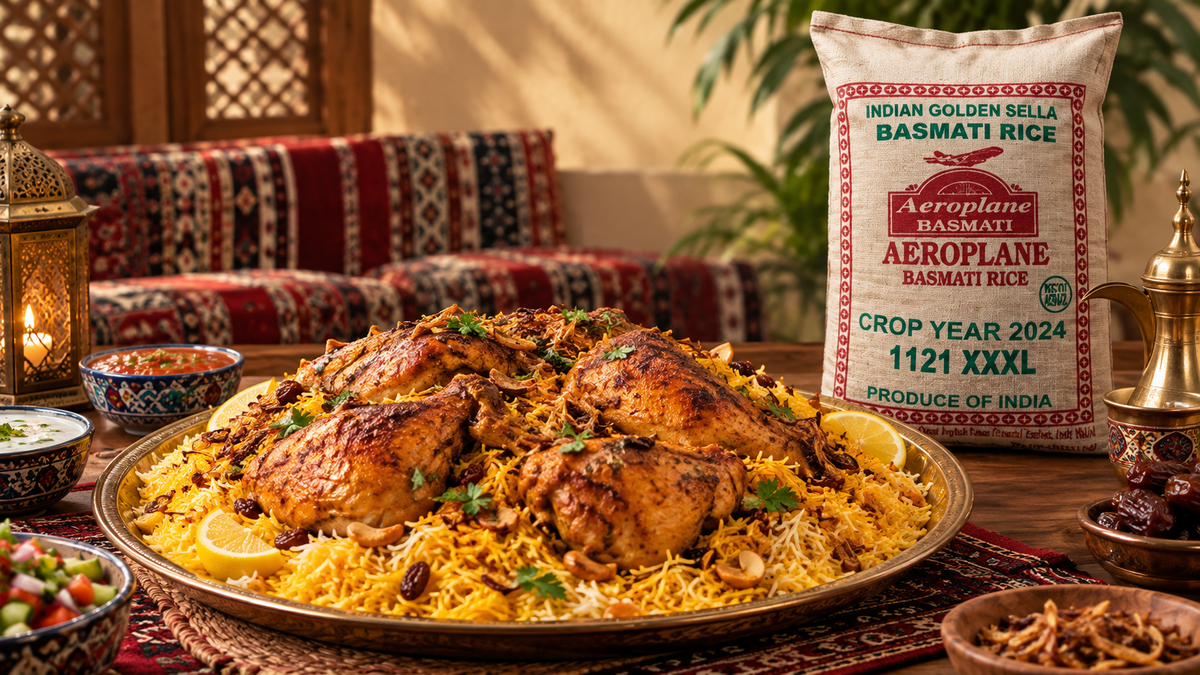 Chicken Mandi recipe made with Aeroplane Indian Golden Sella Basmati Rice, featuring roasted chicken, aromatic rice, herbs, lemon, and traditional Arabian dining décor.