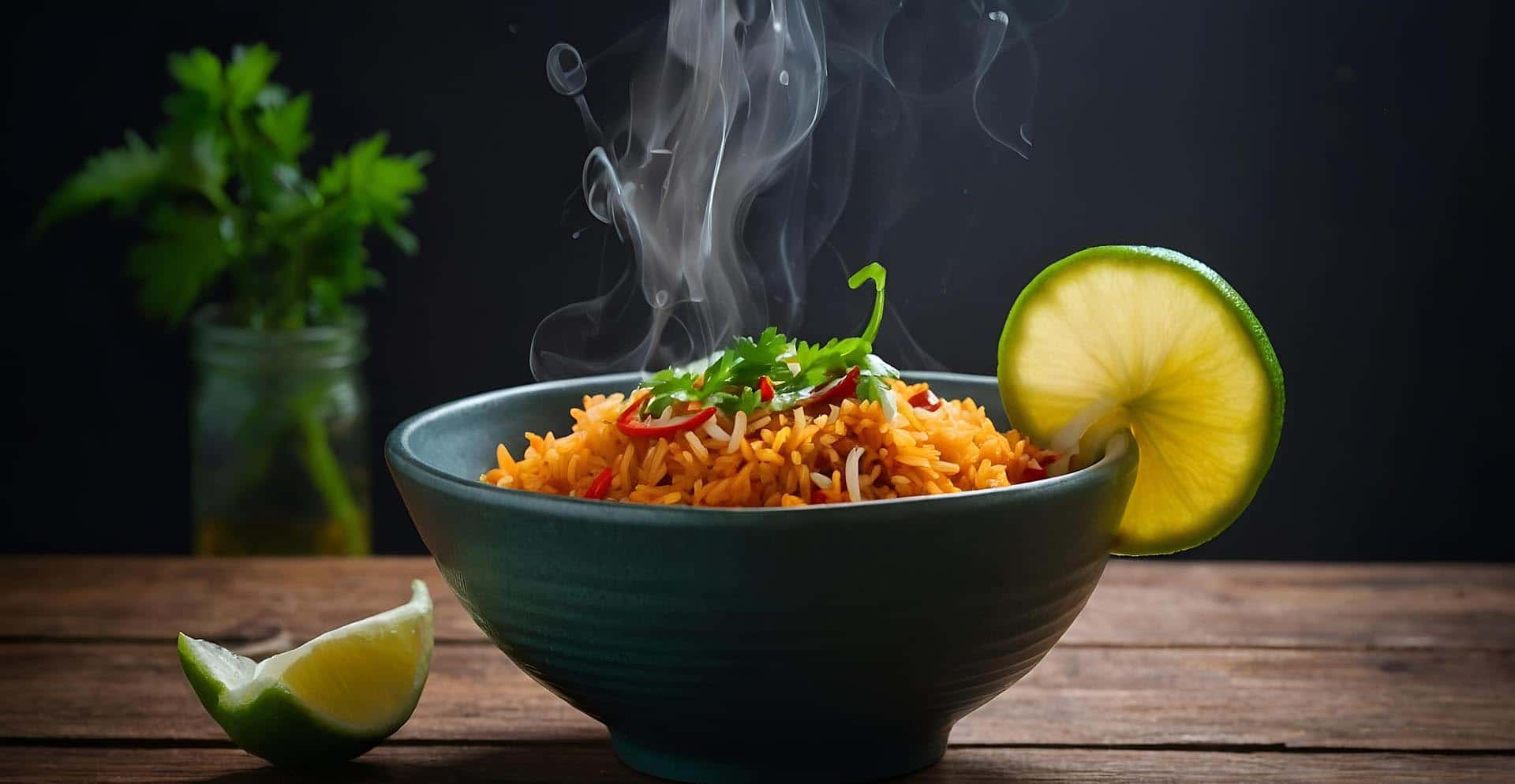 Steaming bowl of rice with garnishes on a wooden table
